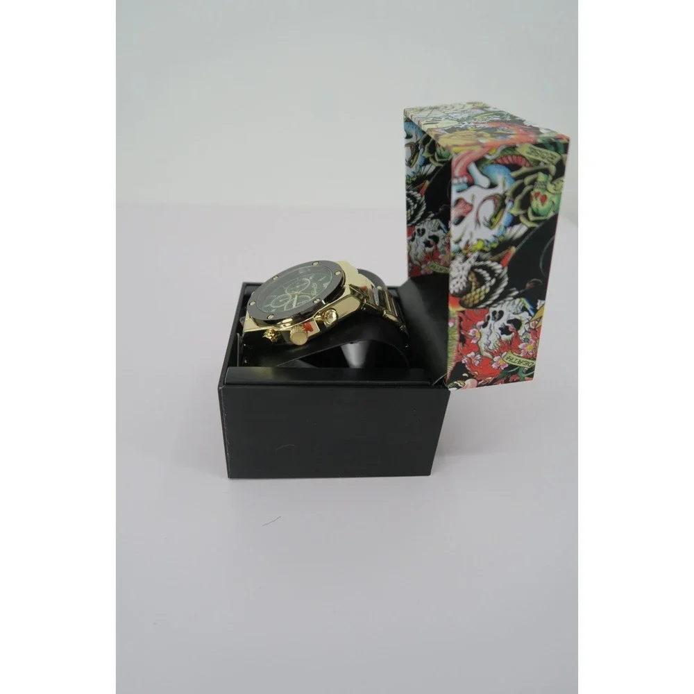 Ed Hardy Mens Chronograph Watch Gold Tone Green Dial Stainless Steel with Box‎